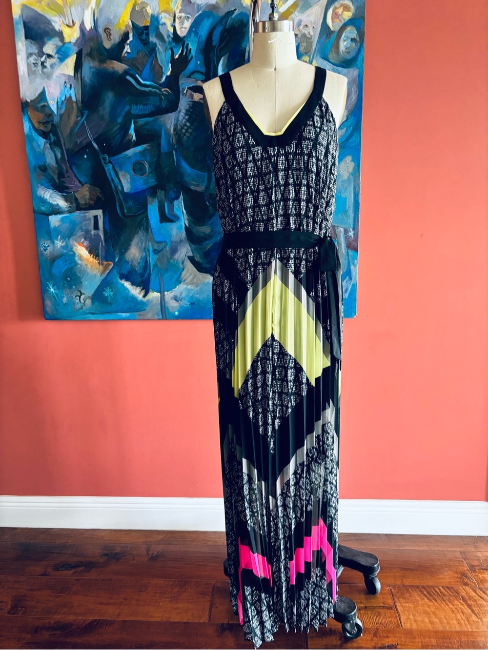 Lane Bryant Black Maxi Dress with Neon Yellow and Pink Chevron Accents